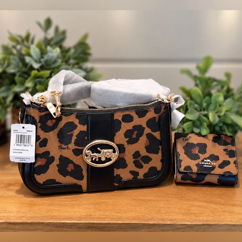 NWT COACH Georgie Baguette~ Leopard Crossbody Bag & Matching Wallet